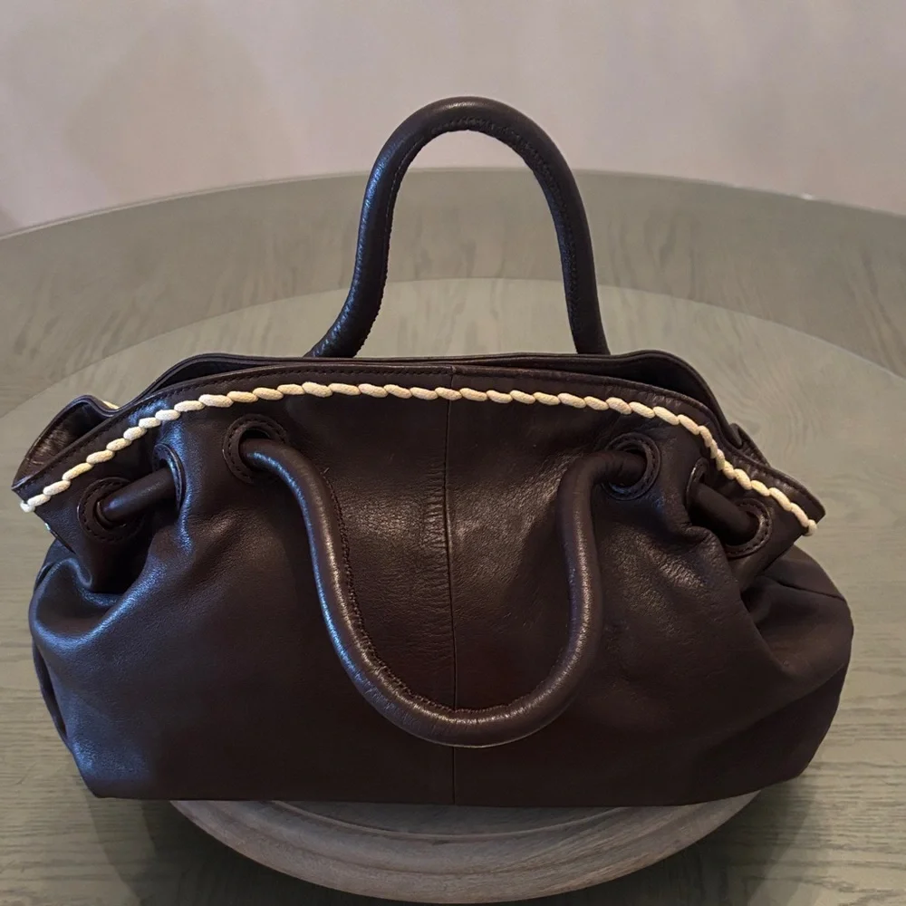 Furla/Certificate of Authenticity- Dark Brown Leather Satchel Cream Braided Trim